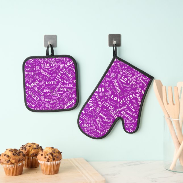 Multilingual Love Text Custom Colours Purple Oven Mitt & Pot Holder Set (Insitu(Hanging))