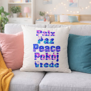 Multilingual Peace Typography with Pastel Hearts Throw Pillow