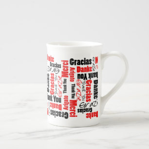 Multilingual Red Black "Thank You" Typography Bone China Mug