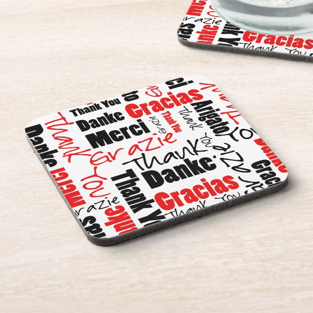 Multilingual Red Black Thank You Typography Coaster (Left Side)