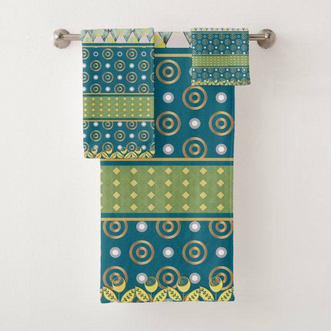 Multipatterned Teal, Lemon & Lime Colored  Bath Towel Set (Insitu)