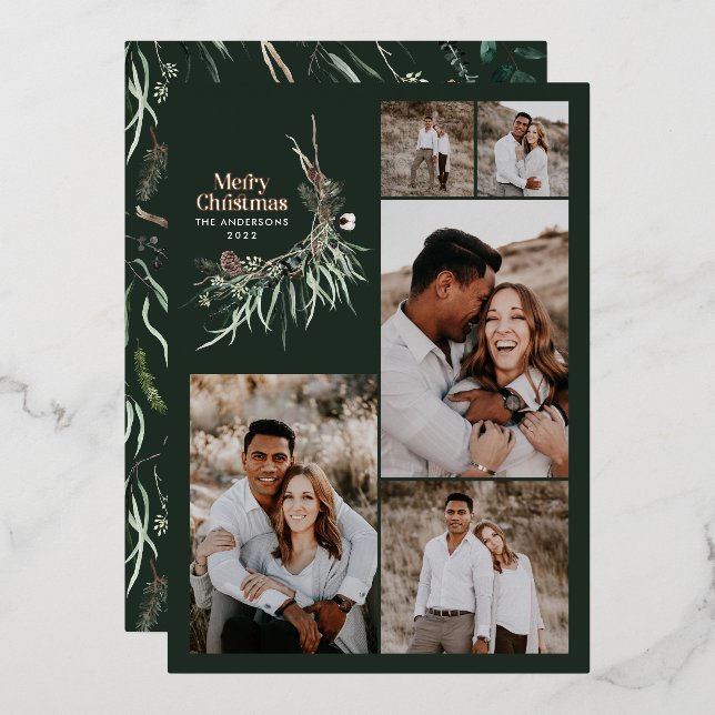 Multiphoto elegant watercolor botanical dark green foil holiday card (Front/Back)
