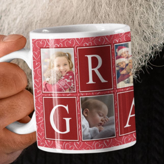 Multiphoto Red Heart Pattern Grandpa Photo Coffee Mug (Creator Uploaded)