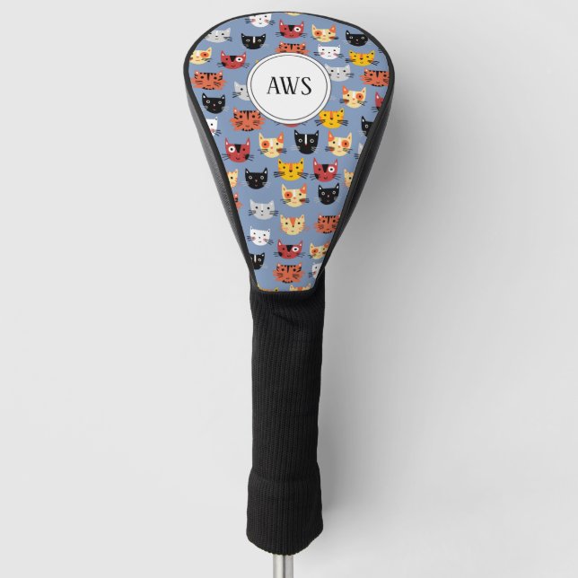 Multiple Cats Fun Pattern Monogram Golf Head Cover (Front)