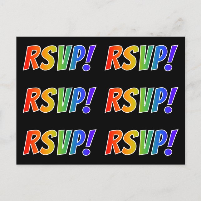 Multiple Colourful Rainbow Letters "RSVP!" Postcard (Front)