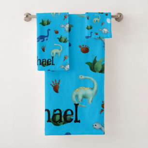 Multiple Dinosaur Species in Turquoise Background Bath Towel Set