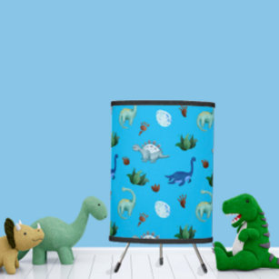 Multiple Dinosaur Species in Turquoise Background Tripod Lamp