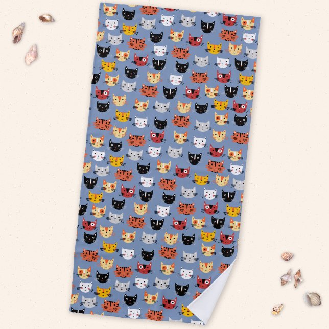 Multiple Fun Kitty Cats Pattern Blue Beach Towel (Cute cats beach towel for animal lovers)