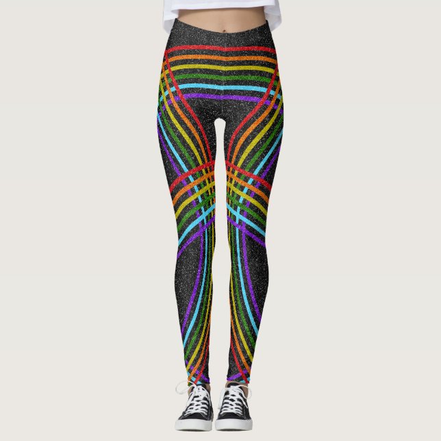 Multiple Glitter Rainbows, Shiny Black, LGBT Pride Leggings (Front)