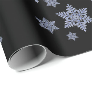 Multiple Images of Real Snowflake on Black Wrapping Paper