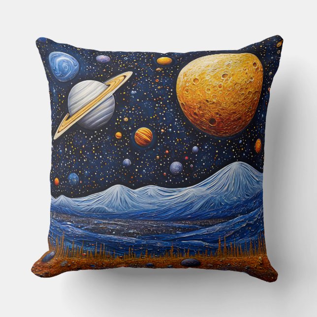 Multiple Moons Above a Martian-like Surface Throw Pillow (Front)