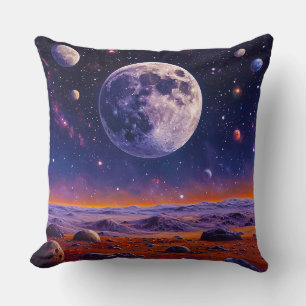 Multiple Moons Above a Martian-like Surface Throw Pillow