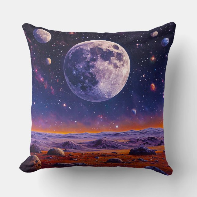 Multiple Moons Above a Martian-like Surface Throw Pillow (Front)