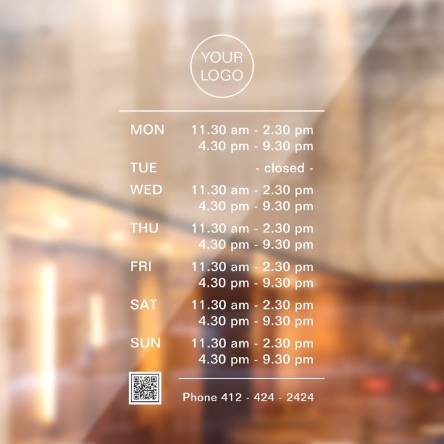 Multiple Opening Hours Logo QR Code Phone Number Window Cling (Modern window cling or decal with complex business hours, logo, QR code and phone number in white.)