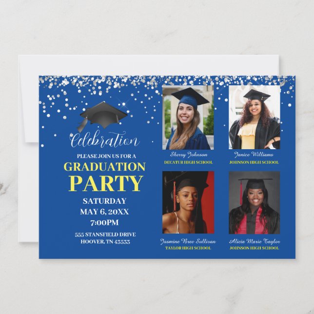 Multiple Photo blue and yellow Graduation Party  Invitation (Front)