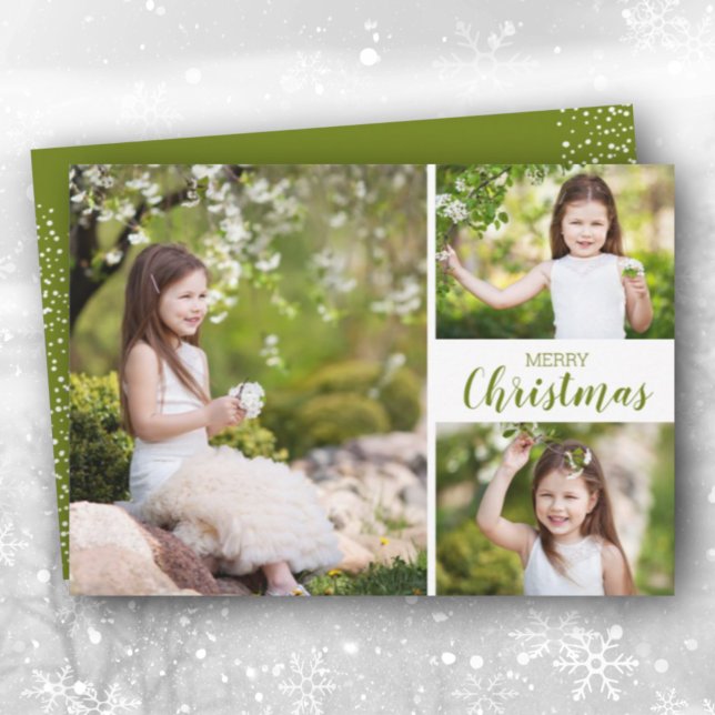 Multiple Photo Green Merry Christmas Holiday Card (Creator Uploaded)