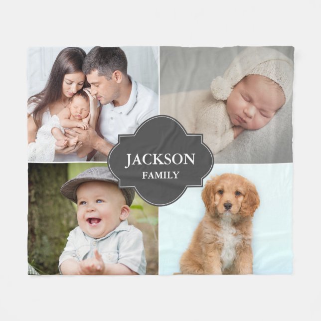 Multiple Photos Family Name Crest Personalized Fleece Blanket (Front (Horizontal))