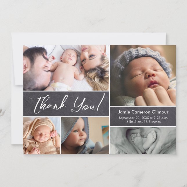 Multiple pictures Newborn Custom Name stats Thank You Card (Front)