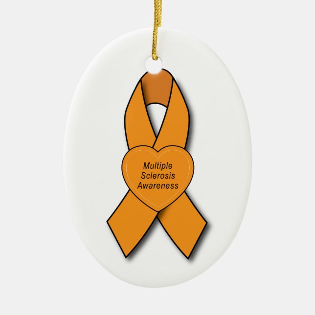 Multiple Sclerosis Awareness Ribbon with Heart Ceramic Ornament (Front)