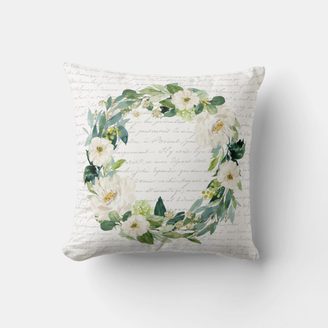 Multiple Wreath French Script Farmhouse Cottage Throw Pillow (Front)
