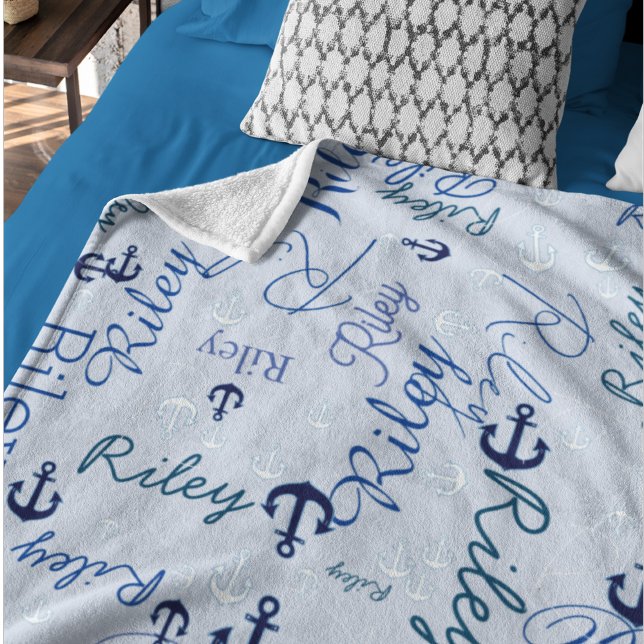 Multiplying Names Initials Navy Anchors Light Blue Fleece Blanket (Creator Uploaded)