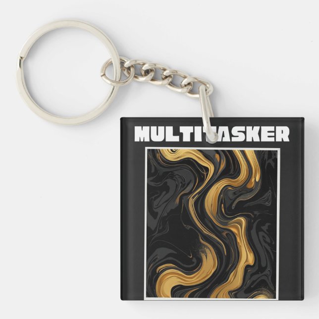 Multitasker Gold & Black Liquid Marble Abstract Keychain (Front)
