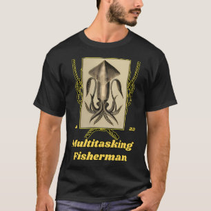Multitasking Fisherman' Old Book Calamari Graphic T-Shirt