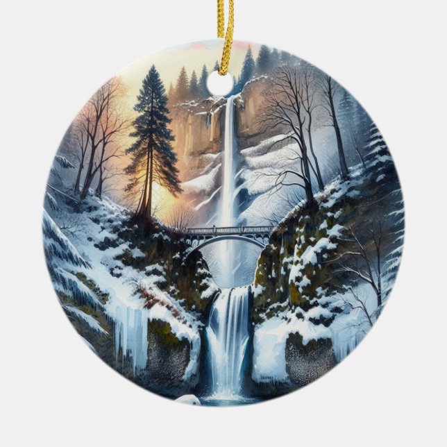 Multnomah Falls Snowy Christmas Tree Ceramic Ornament (Front)
