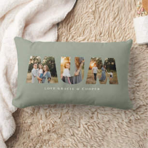 Mum 3 photo modern elegant sage green mothers day lumbar pillow