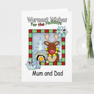 mum and dad warmest wishes reindeer and penguin holiday card