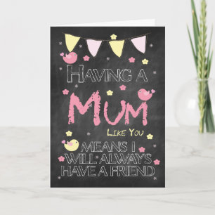 Mum Birthday Chalkboard With Little Birds Flowers Card