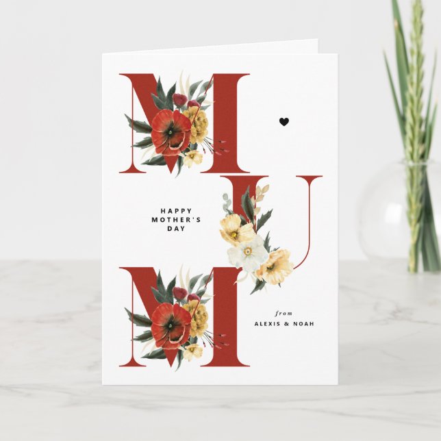 MUM Boho Flowers Red Happy Mother's Day Card (Front)
