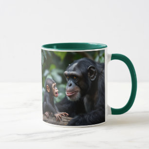 Mum chimpanzee is watching her baby tenderly. mug