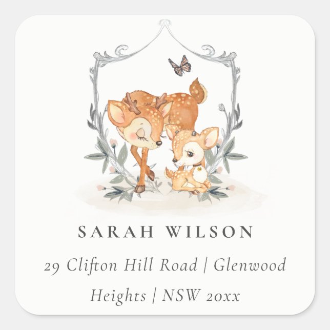 Mum Deer Fawn Floral Crest Baby Shower Address Square Sticker (Front)