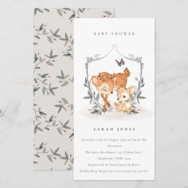 Mum Deer Fawn Floral Crest Baby Shower Invite (Front/Back)