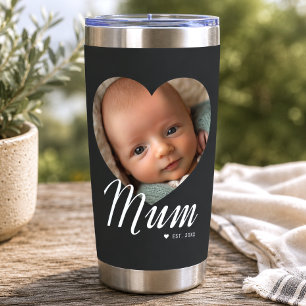 Mum Established Script Heart Photo Black Insulated Tumbler
