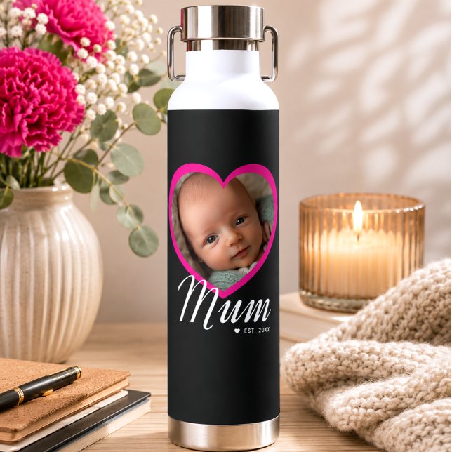 Mum Established Script Pink Heart Photo Black Water Bottle (Creator Uploaded)