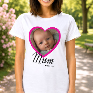 Mum Established Script Pink Heart Photo White T-Shirt