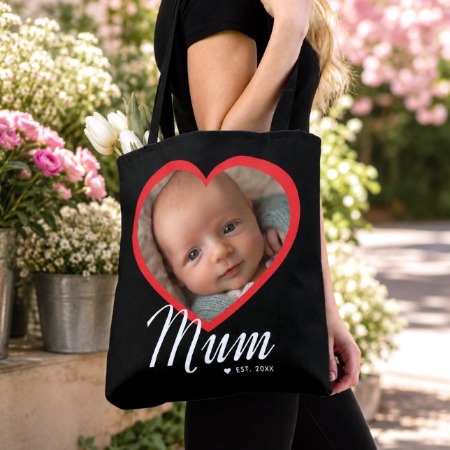 Mum Established Script Red Heart Photo Black Tote Bag (Creator Uploaded)