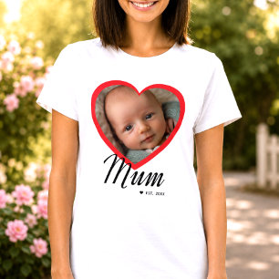 Mum Established Script Red Heart Photo White T-Shirt