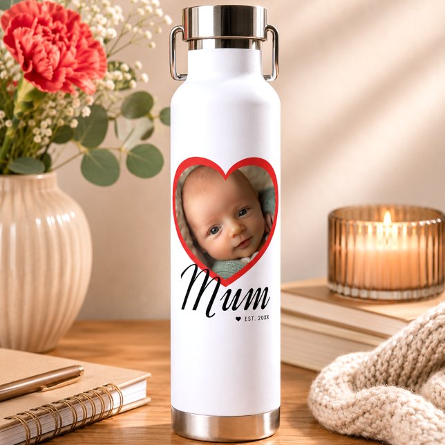 Mum Established Script Red Heart Photo White Water Bottle (Creator Uploaded)