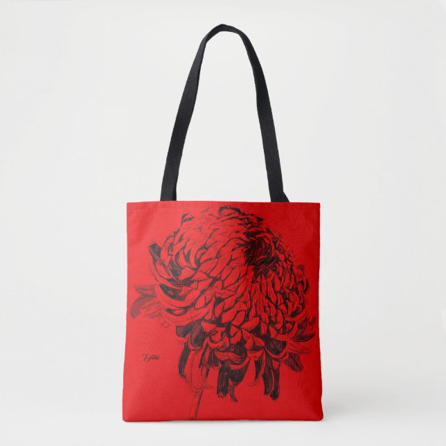 Mum Flower Line Drawing Red Grey Black Tote (Front)