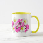 Mum Mug<br><div class="desc">Celebrate your mum with our Mum design featuring these beautiful pink and white flowers nicely arranged around the text mum designed also in white flowers. The Keychain,  Mug and postage stamp also features a pale green background with pink love hearts on it.</div>