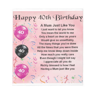 Mum Poem - 40th Birthday Notepad