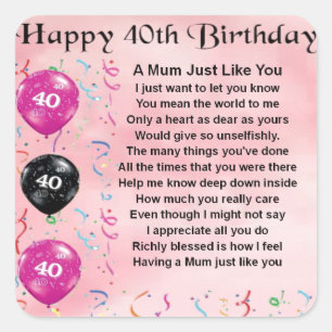 Mum Poem -  40th Birthday Square Sticker