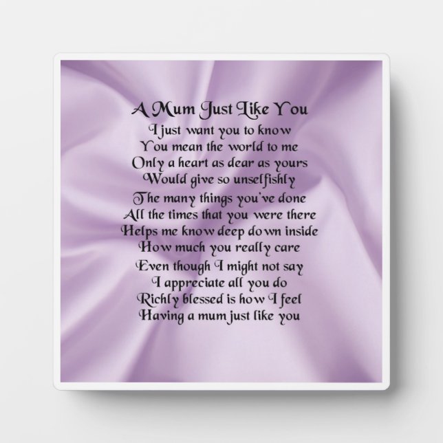 Mum Poem Plaque  -  Lilac Silk  Design (Front)