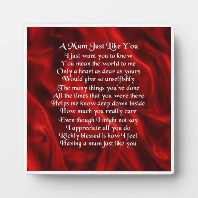 Mum Poem Plaque  -  Red Silk  Design (Front)