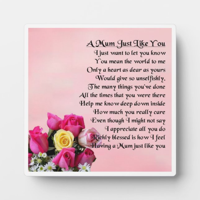 Mum Poem Plaque  -  Roses  Design (Front)