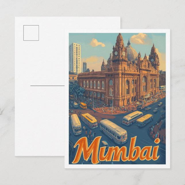 Mumbai India Art Vintage Travel Illustration Postcard (Front/Back)