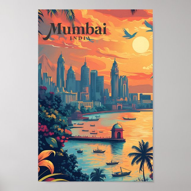 Mumbai India Vintage Art Travel Illustration Poster (Front)